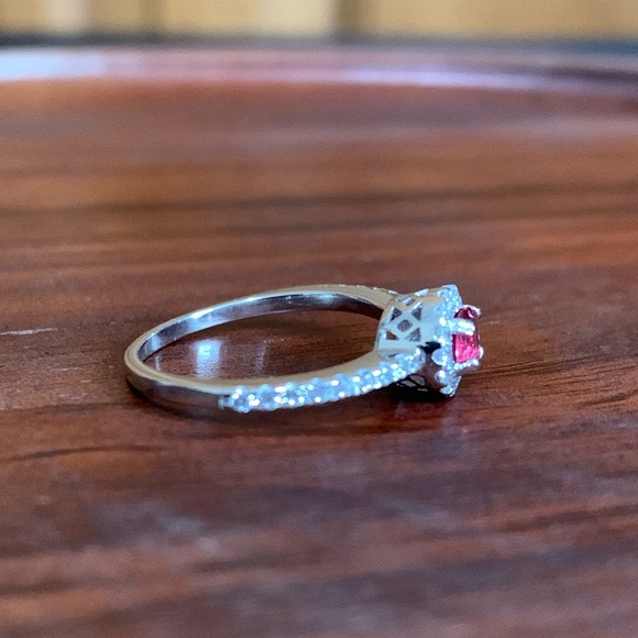 Dainty Sterling Silver Halo Red CZ Ring - Picture 4 of 7
